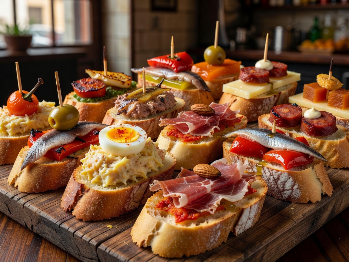 Assorted Spanish pintxos and tapas on baguettes