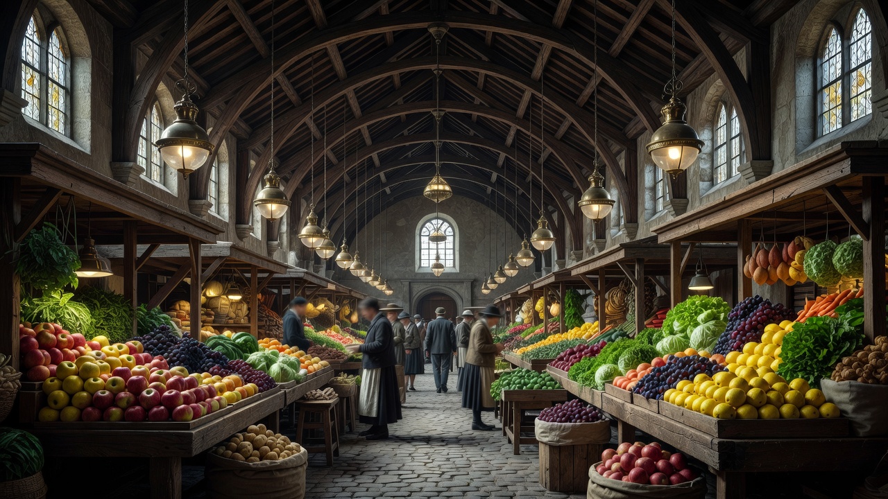 Atmospheric view inside a historic European market hall with fresh produce and brass lamp fixtures