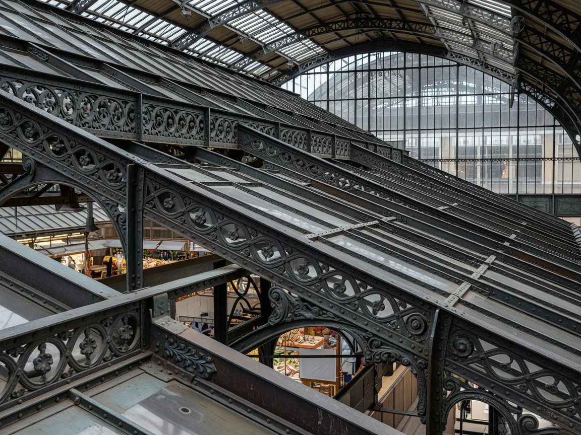 Cast-iron roof details of historic European market