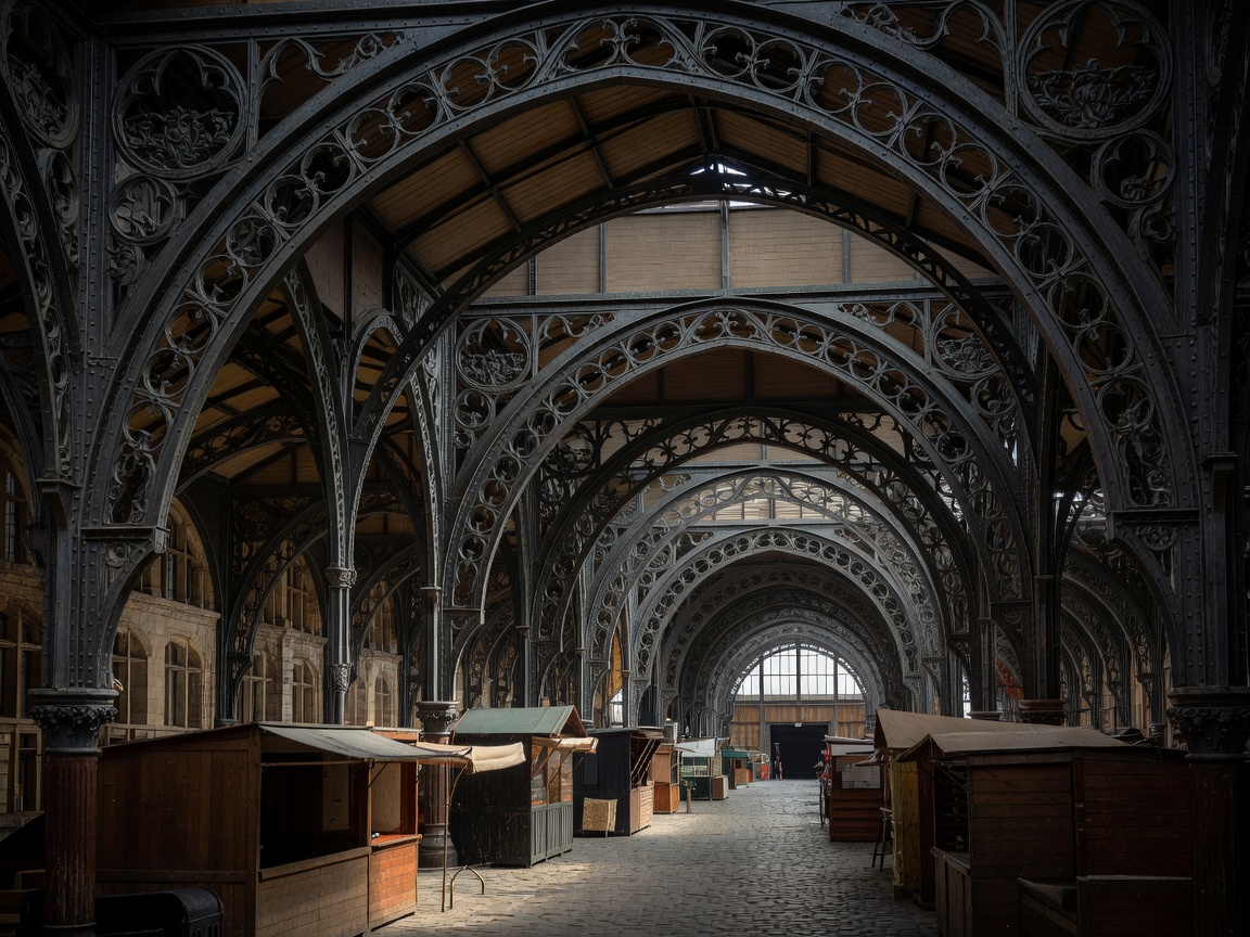 Intricate cast-iron vaulted arches of a 19th-century European market hall