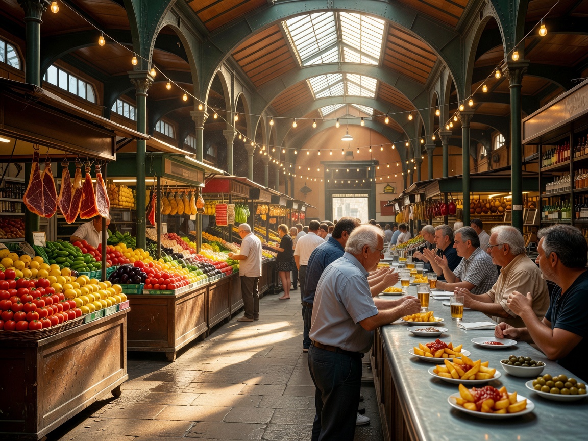 Bustling tapas counters inside Mercado de San Miguel in Madrid