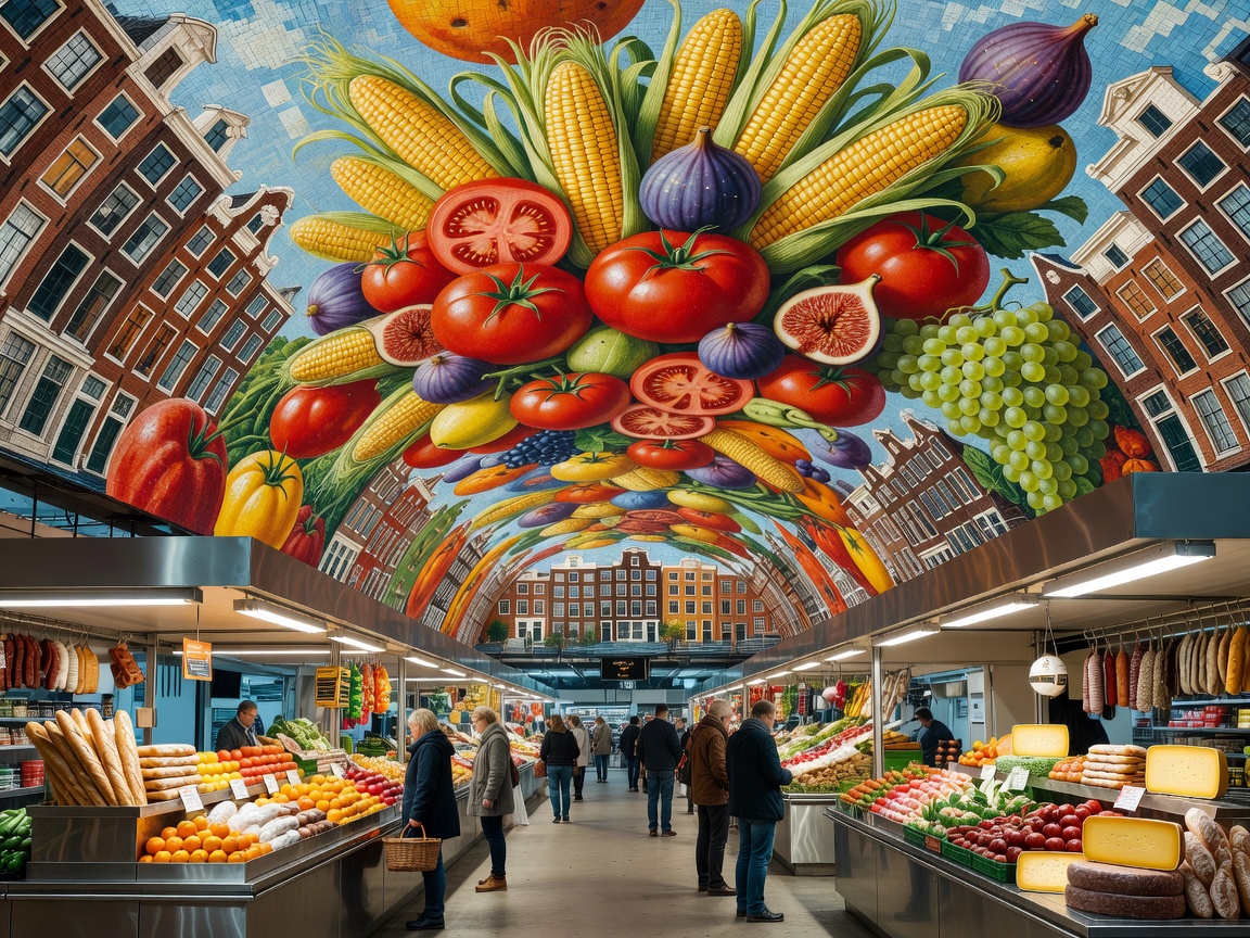 Markthal Rotterdam ceiling artwork and stalls