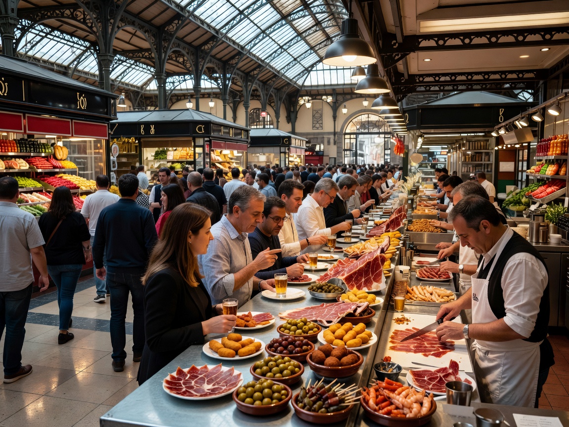 Mercado de San Miguel bustling interior tapas scene