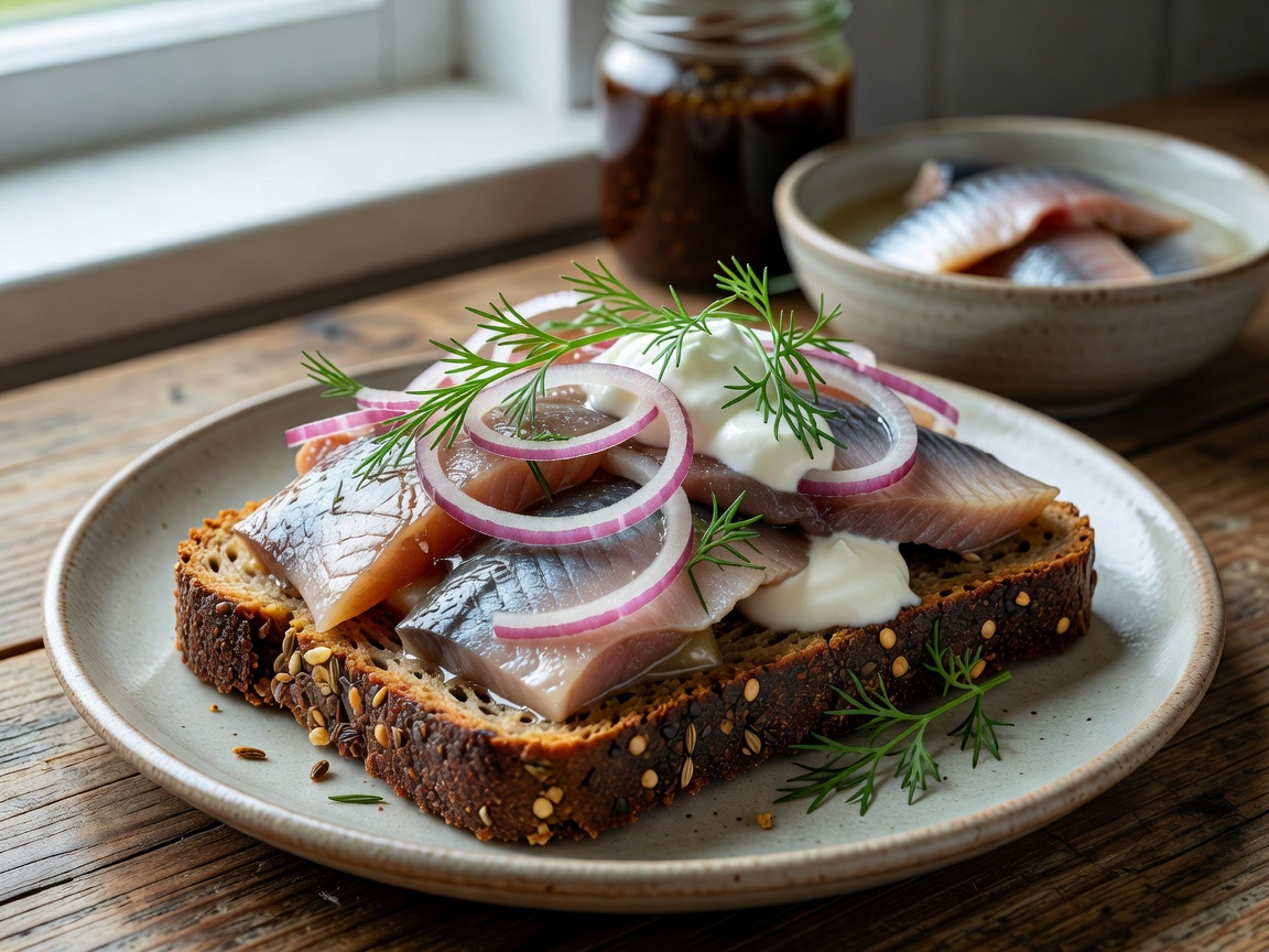 Nordic open-faced smørrebrød with herring and rye bread