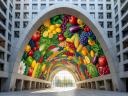 The iconic horseshoe arch and colorful ceiling mural of Markthal Rotterdam